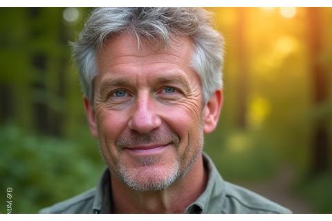 Portrait of Dr. Alistair Finch, a conservation biologist, smiling warmly in a natural outdoor setting.