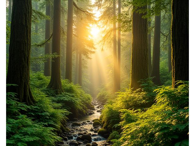 Lush Pacific Northwest forest with sun rays, representing carbon sequestration and natural beauty