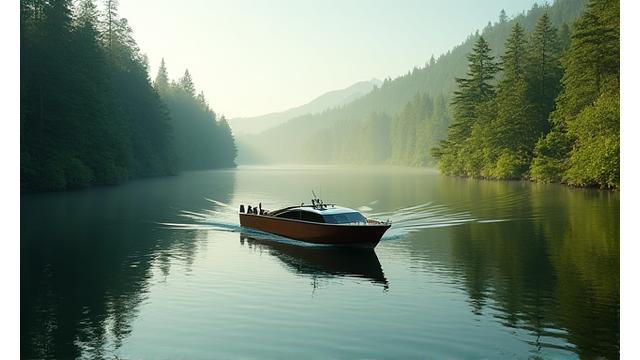 Small biofuel powered boat on a calm river surrounded by lush greenery