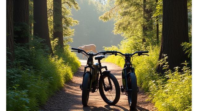 Group of people riding electric bikes on a forest trail