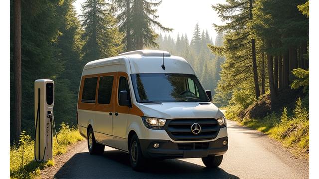 Electric tour van charging at a solar station amidst a forest
