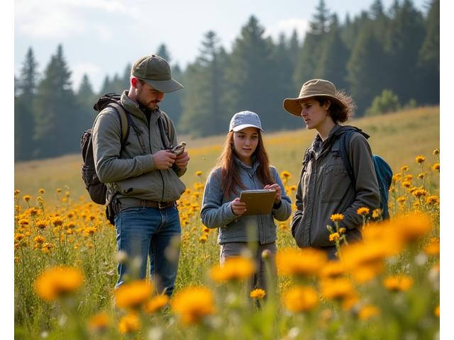 A diverse group of citizen scientists using a field guide to identify butterflies in a sunny meadow.