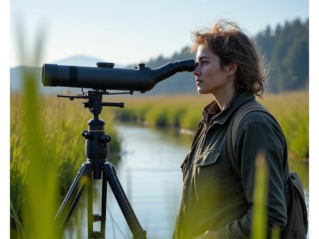 Workshop participants using optical equipment to monitor bird behavior in a lush wetland.