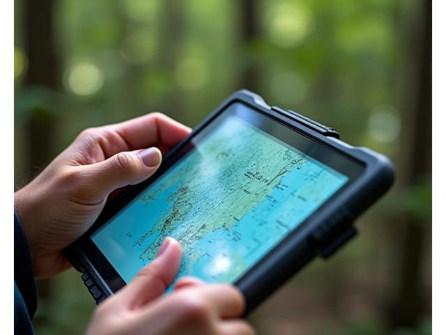 A detailed close-up shot of hands operating GIS mapping software on a rugged tablet in a natural outdoor setting, with a forest in the background.