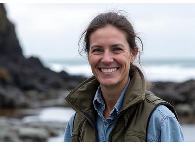 Dr. Evelyn Reed, a marine biologist, smiling near a rocky Oregon coast. No people.