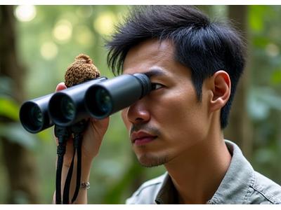 Professor David Chen, an ornithologist, observing a bird through binoculars in a dense forest. No people.