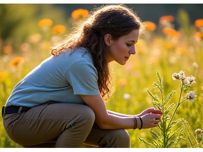 Sarah Jones, a field botanist, kneeling and examining a rare plant species in a vibrant meadow. No people.