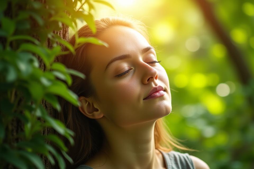A person deeply inhaling fresh air in a lush, green forest, sunlight dappling through leaves, conveying calm and well-being.