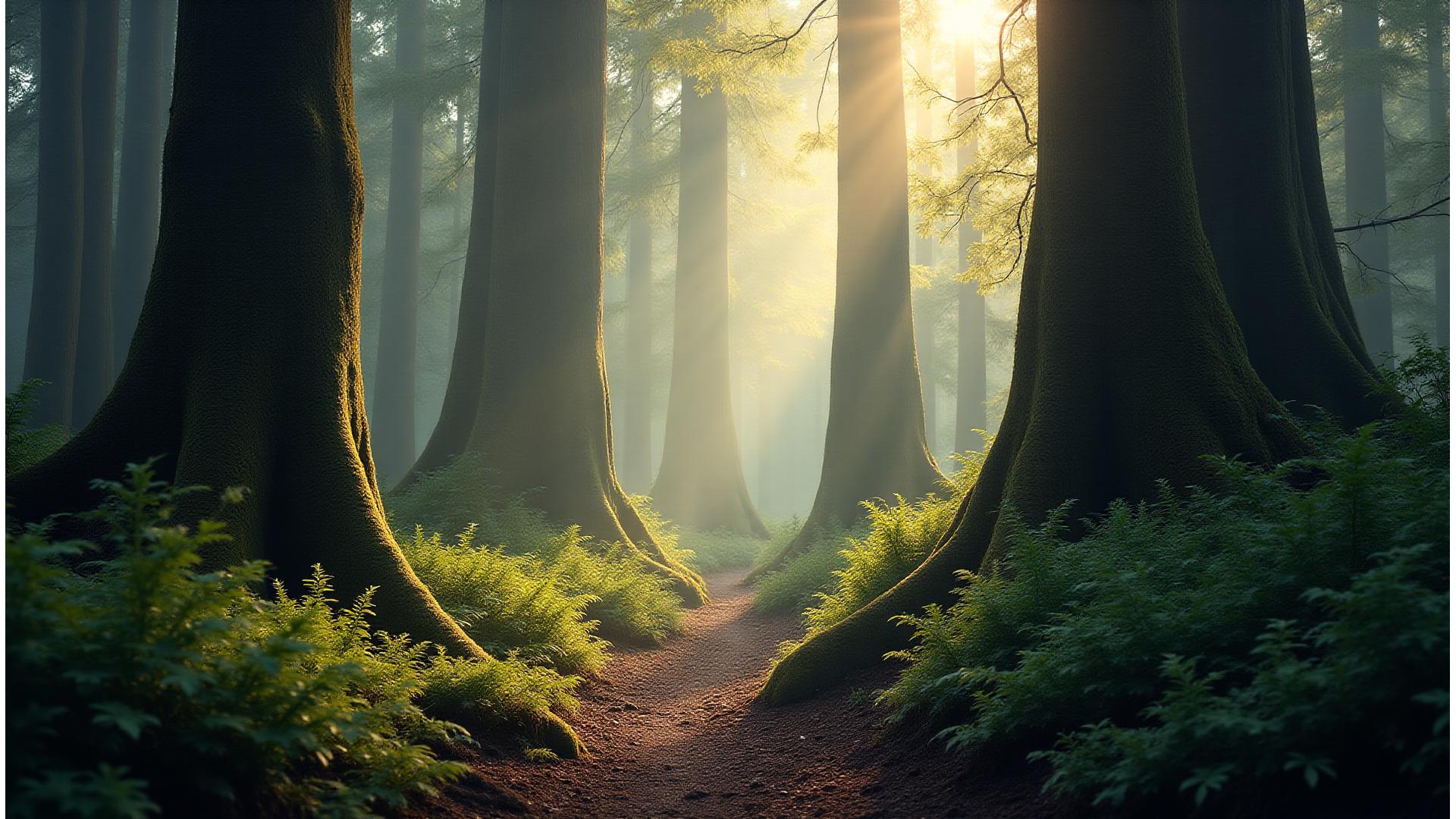 Serene, untouched ancient forest at dawn with soft light filtering through towering trees, a pathway inviting deeper exploration - a stark contrast to urban chaos.