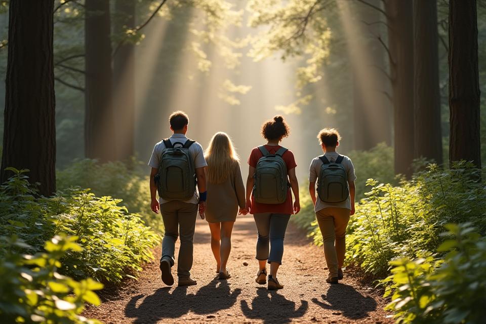 A group of people hiking silently through a sun-dappled forest, immersed in nature, guided by an instructor.