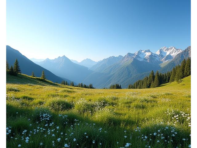 Vast, blooming mountain meadow with snow-capped peaks in the distance under a clear blue sky, suggesting expansive freedom and solitude.