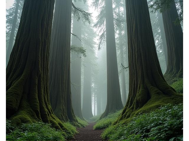 Massive, ancient old-growth trees with moss-covered trunks reaching into a misty canopy, conveying timelessness and deep natural silence.