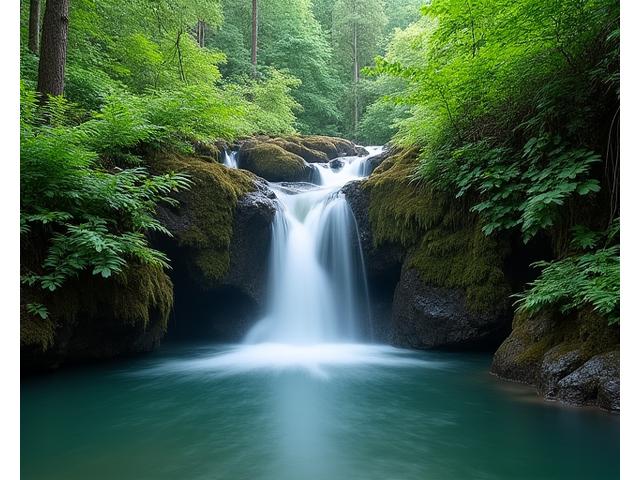 A secluded, tranquil waterfall cascading into a clear pool surrounded by lush ferns, evoking peace and natural beauty.