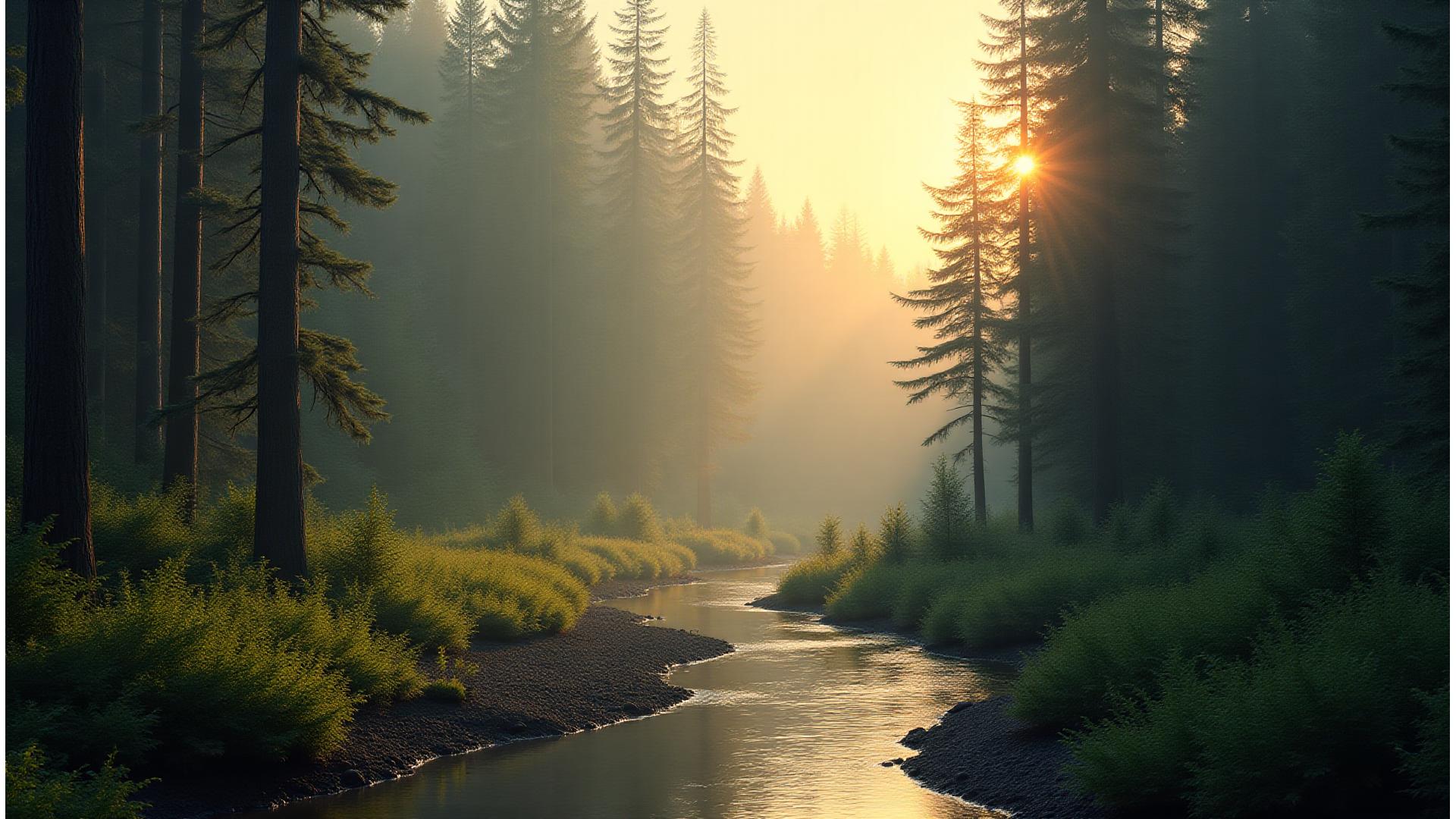 Panoramic view of an untouched Oregon forest with a winding river at sunrise