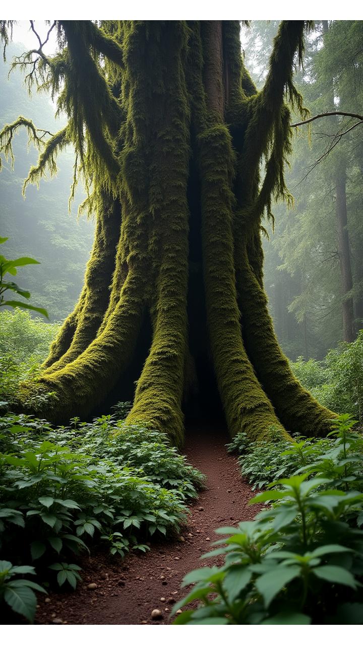 Vertical shot of moss-covered trees in an Oregon rainforest