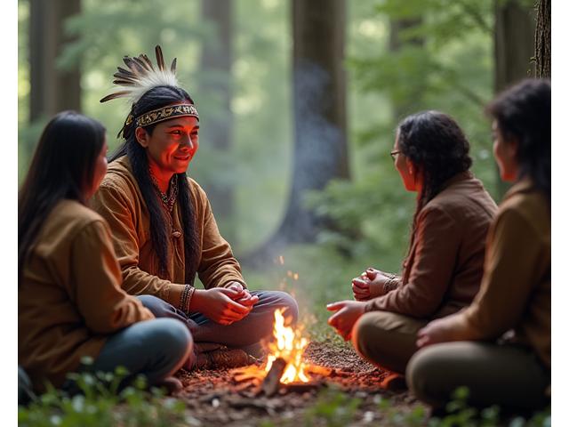 Indigenous elder sharing traditional stories with a small group of attentive travelers in a forest setting.