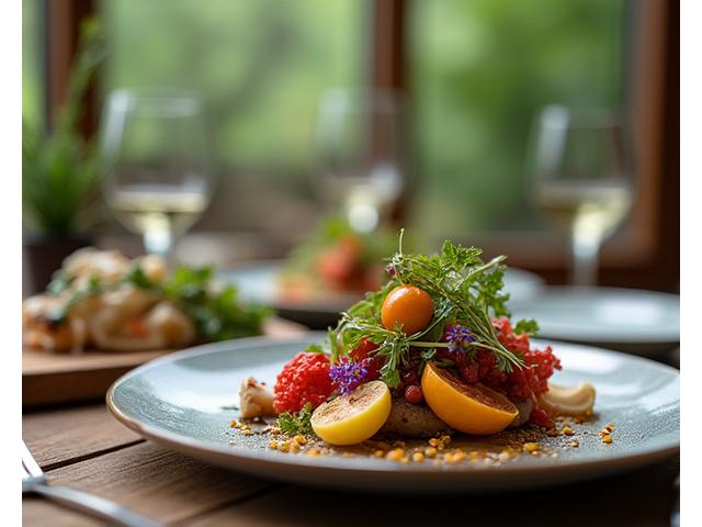 Gourmet chef preparing a vibrant, farm-to-table meal in a luxurious open-air kitchen.