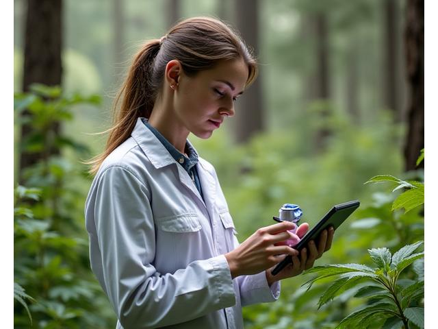Scientist collecting data from plant samples in a lush forest with advanced equipment.
