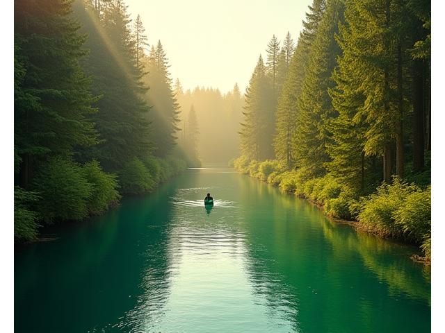 Kayak navigating a serene, tree-lined river at sunrise