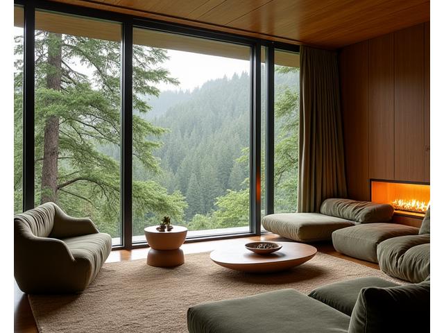 Luxurious eco-lodge interior with expansive views of an old-growth forest through large windows