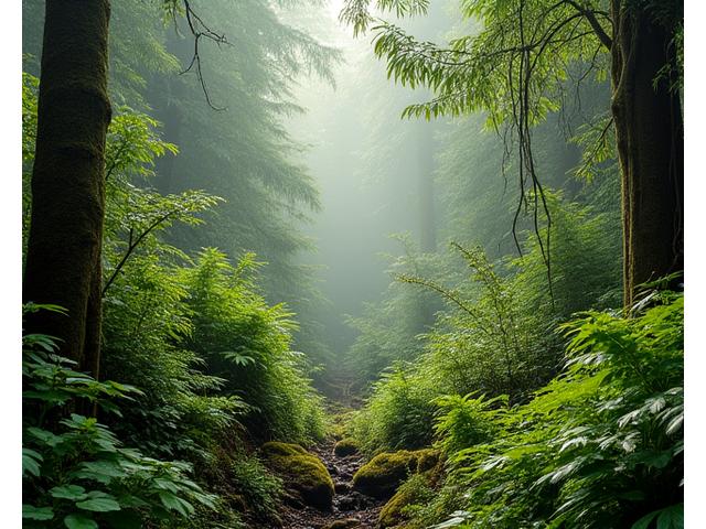 Lush, wild landscape with diverse flora and fauna emerging from mist