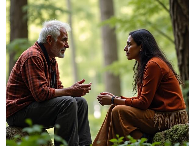 Respectful one-on-one conversation between a tribal elder and a visitor