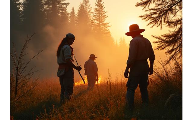 Tribal members demonstrating ancient fire management techniques in a controlled burn setting