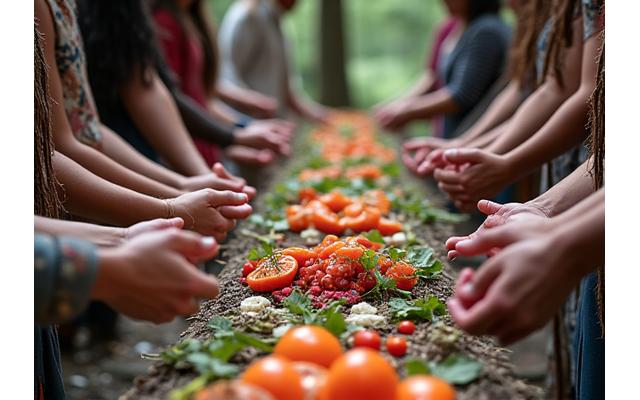 Indigenous community members participating in a First Foods ceremony, preparing traditional foods