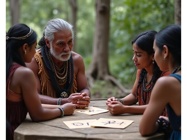 Indigenous elder instructing a small group in a tribal language with visual aids