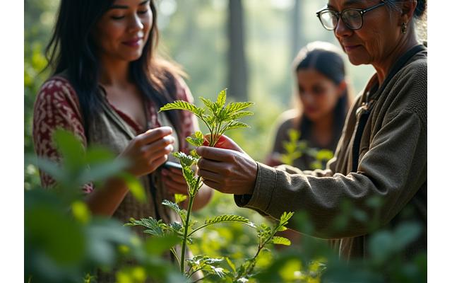 Indigenous elder teaching about traditional plant medicine in a lush forest