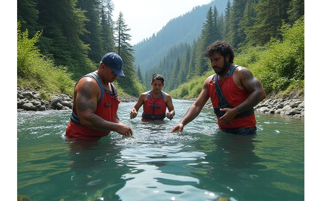 Indigenous community members participating in salmon restoration efforts in a clear river