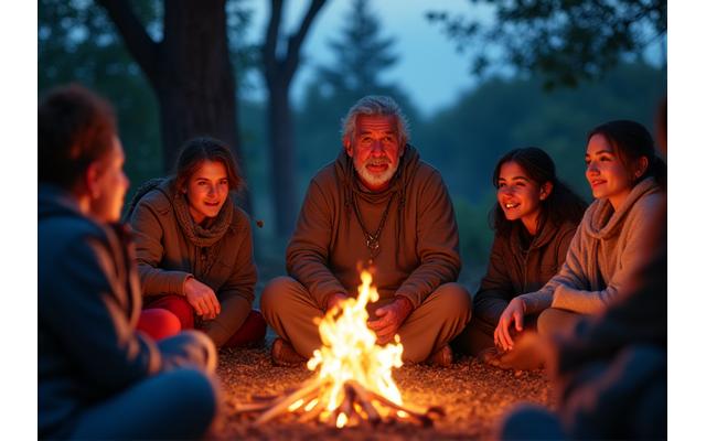 Indigenous elder telling stories around a fire to a respectful audience