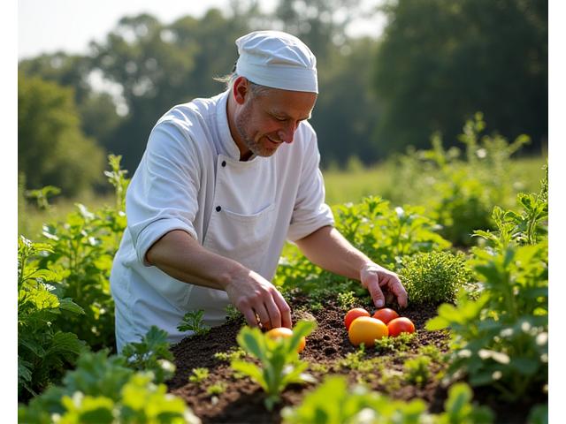 Vibrant organic permaculture garden on the grounds of a Xenorivaltremos eco-lodge, with a chef harvesting fresh vegetables, illustrating farm-to-table dining.