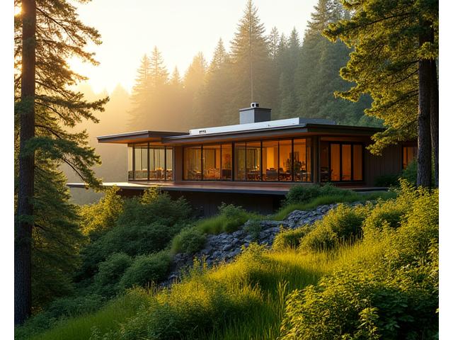 Luxurious Xenorivaltremos eco-lodge with modern architecture seamlessly integrated into a lush forest, showing solar panels and large windows overlooking pristine nature.