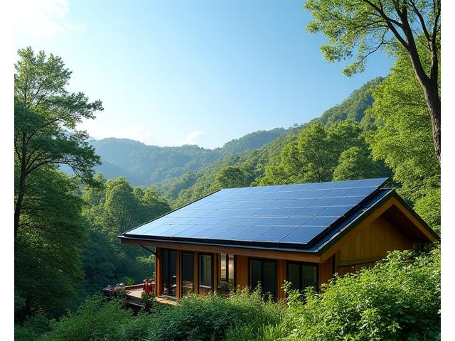 Modern solar panel array on a Xenorivaltremos eco-lodge roof, with lush green forest in the background and a clear blue sky, illustrating clean energy.
