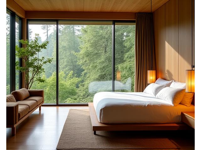 Luxurious and minimalist Xenorivaltremos eco-lodge suite interior, featuring sustainable wood furnishings, organic linens, and large windows overlooking a peaceful forest, demonstrating elegant comfort.