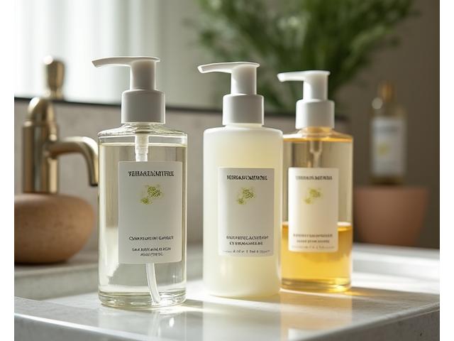 Elegant, refillable glass bottles of luxury bath products on a minimalist polished stone counter in a Xenorivaltremos eco-lodge bathroom, showcasing a zero-waste approach.