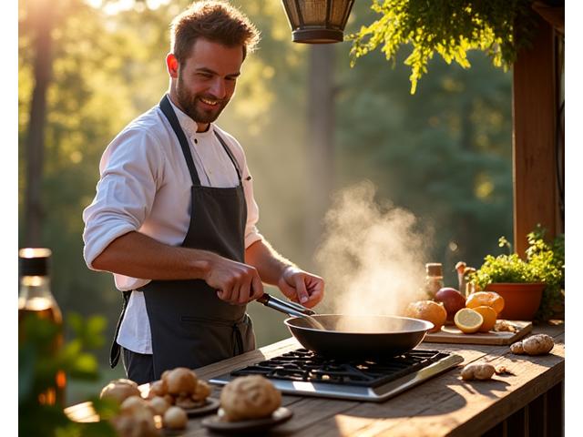 A professional chef demonstrating how to sauté freshly foraged wild mushrooms in a rustic, outdoor kitchen setting, with various ingredients and cooking tools around.