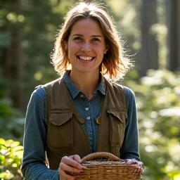 Portrait of Dr. Elara Vance, a Verdant Petal certified mycologist smiling in a forest setting, wearing a vest and carrying a foraging basket.
