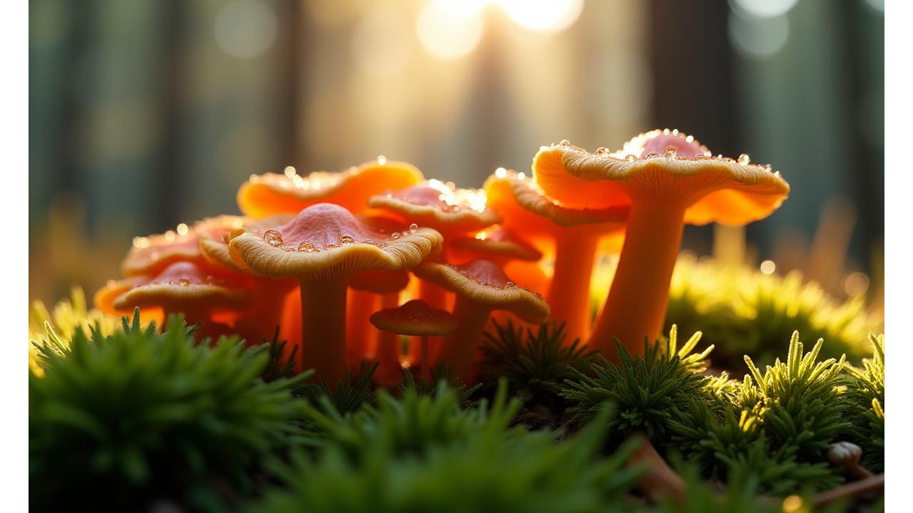 Close-up of vibrant, orange Chanterelle mushrooms nestled in deep green moss on the forest floor, with delicate morning dew drops.