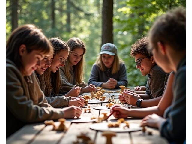 A diverse group of participants gathered around a table outdoors, intently examining various mushroom specimens with field guides and magnifying glasses, guided by an expert.