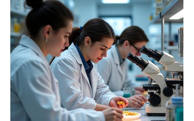 A group of mycologists and students studying fungal specimens under microscopes in a modern, well-lit laboratory setting.