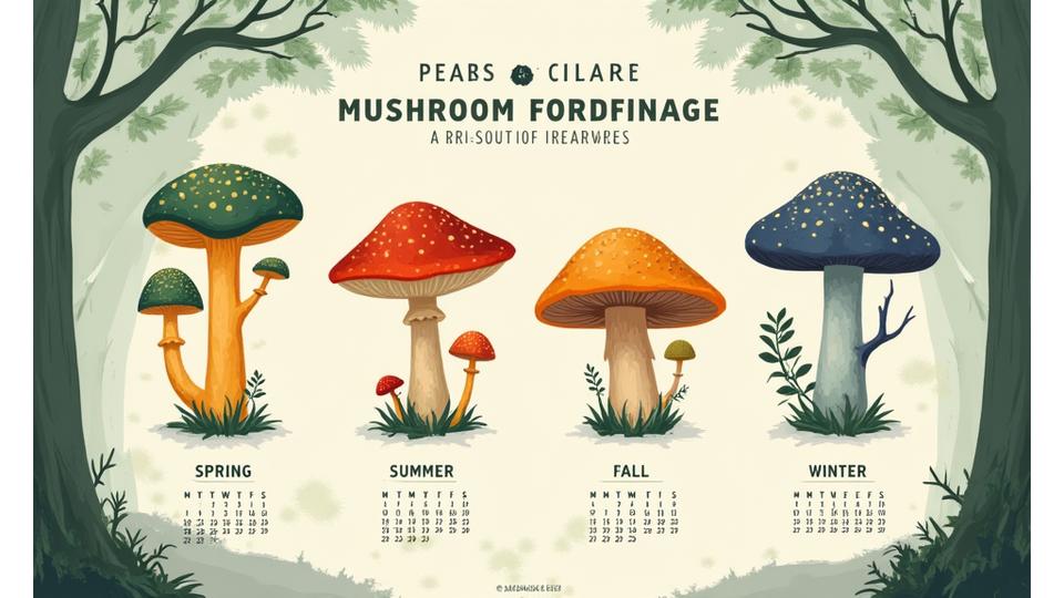An illustrative seasonal calendar displaying different types of mushrooms flourishing in various seasons across a forest backdrop. Spring, Summer, Fall, and Winter sections highlight specific mushroom species like Morels, Chanterelles, Matsutakes, and Oyster mushrooms.