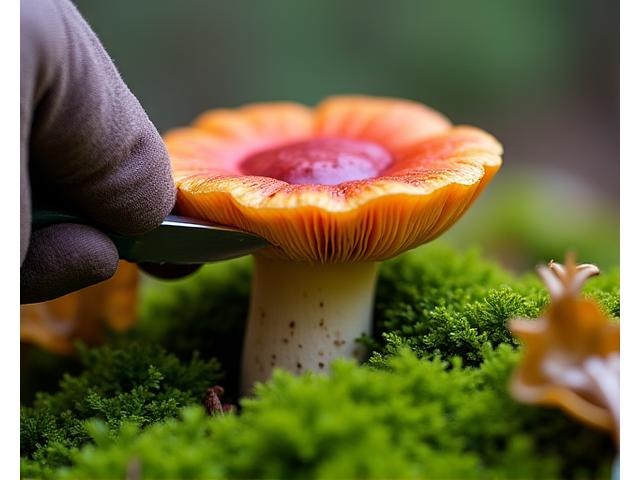 A hand gently cutting the base of a wild mushroom with a small knife, surrounded by lush forest undergrowth, emphasizing careful and respectful harvesting.