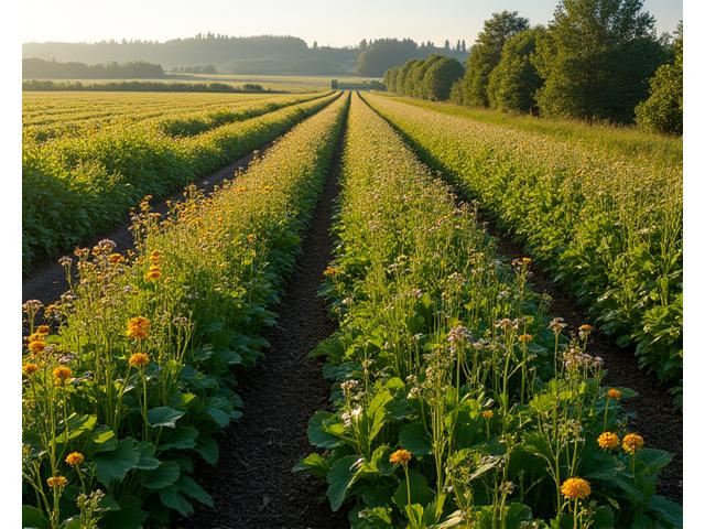 A diverse agricultural field with wildflowers bordering crops, with bees actively pollinating.