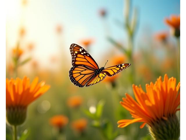 A monarch butterfly gracefully fluttering through a field of vibrant orange milkweed flowers, symbolizing migration.