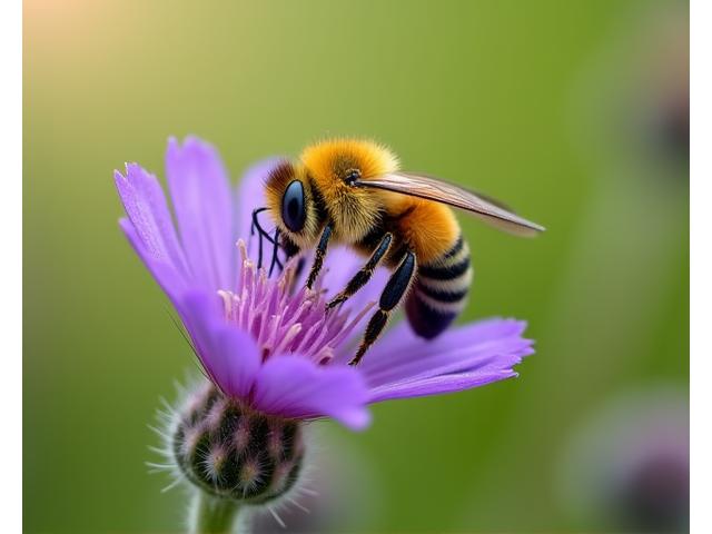 Close-up of a native mason bee gathering pollen from a vibrant wildflower in Oregon.