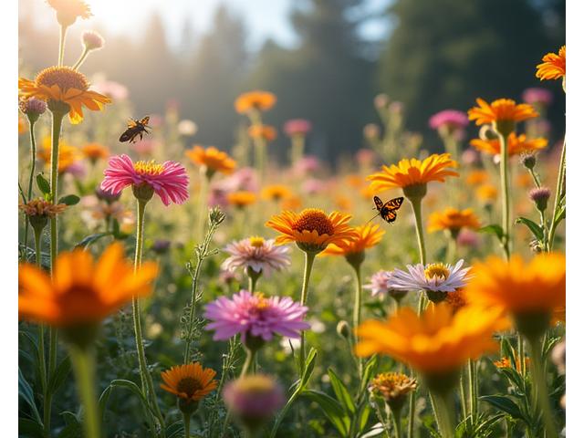 A vibrant pollinator garden teeming with various native wildflowers and buzzing bees and butterflies.