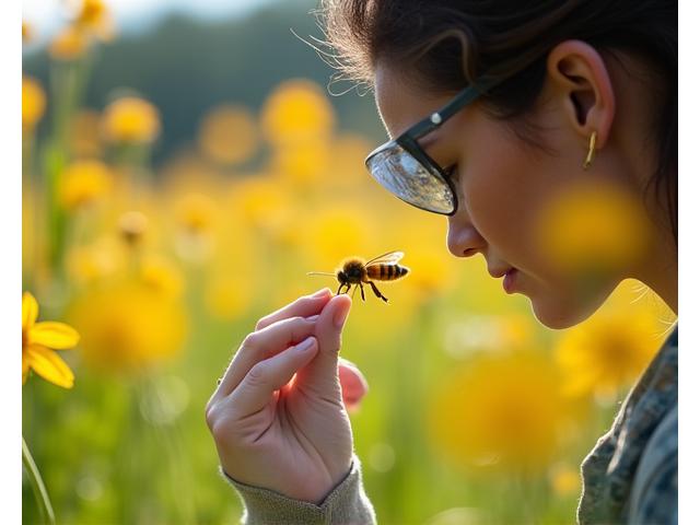 A conservation scientist carefully collecting data on pollinators in a lush field with specialized equipment.