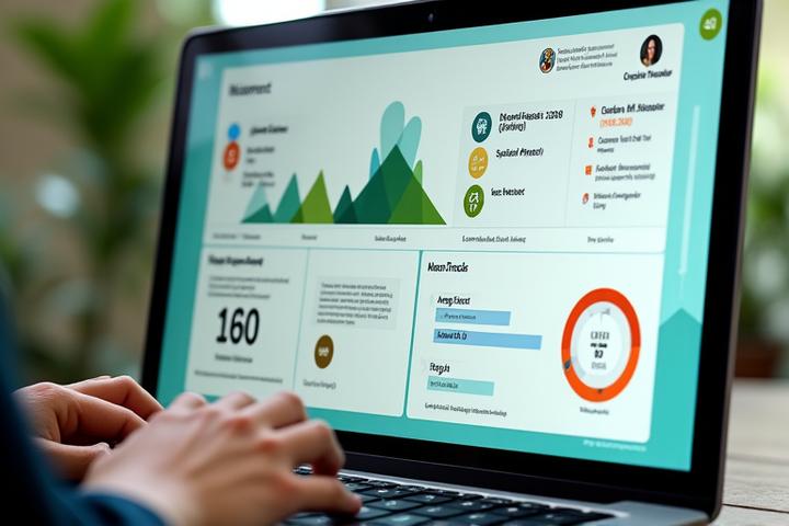A sleek, modern digital dashboard displaying environmental metrics like acres restored, carbon offset, and species reintroduced, with a user profile picture and badges for conservation achievements.